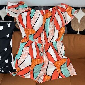 Off-Shoulder Multicolor Print Romper — Orange & Teal
